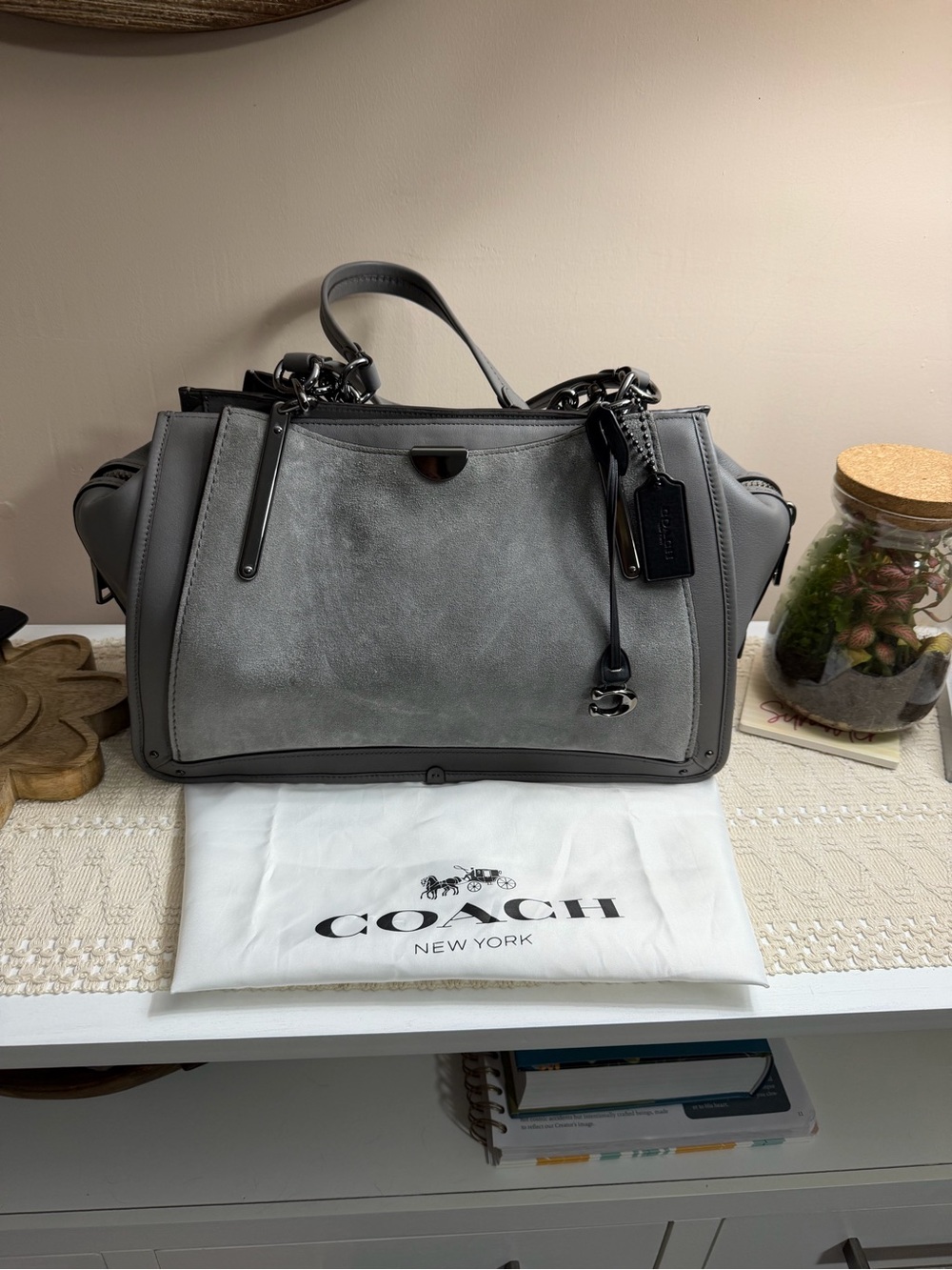 Coach Gray Leather & Suede Satchel with Chain Accent